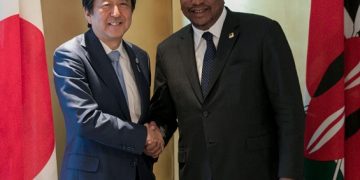 President Uhuru Kenyatta with Prime Minister of Japan Shinzō Abe. Japan is a key financier of some of the legacy projects initiated and overseen by the Kenyan president. One of teh president's key achievements has been raising the profile of Kenya's international image and deepening relations with global powers like U.S, China, Britain, Germany and France.