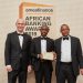 (L-R) The Publisher and CEO EMEA Finance Christopher Moore grants the Best Bank in Kenya 2019 Award to Co-op Bank Economist Anthony Muli and Head of Investor Relations and Strategy James Kaburu at the EMEA Awards gala held at the Law Society, London on 5th December 2019.