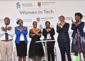 Key speakers and panelists pose for a photo during the launch of the 5th cohort of the Standard Chartered Women in Tech Program. From left Emmanuel Kweyu - Deputy Director @iLabAfrica Research and Innovation Centre Strathmore University, Joyce Kibe – Head, Corporate Affairs, Brand & Marketing Kenya and East Africa - Standard Chartered Bank Kenya, Makabelo Malumane - Head, Transaction Banking, Standard Chartered Kenya & EA, Maureen Mbaka- Chief Administrative Secretary, Ministry of ICT, Innovation and Youth Affairs, Republic of Kenya, Dr. Vincent Ogutu- Vice-Chancellor Designate of Strathmore University and Naom Monari- Founder, Bena Care Limited.