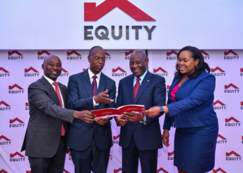 From left to right: Equity Group Chief Operating Officer Samuel Kirubi, Equity Group Chairman Isaac Macharia, Equity Group Managing Director and CEO, James Mwangi and Equity Life Assurance (Kenya) Limited Managing Director, Angela Okinda, during the FY 2023 Investor Briefing event. [Photo/Equity Group]